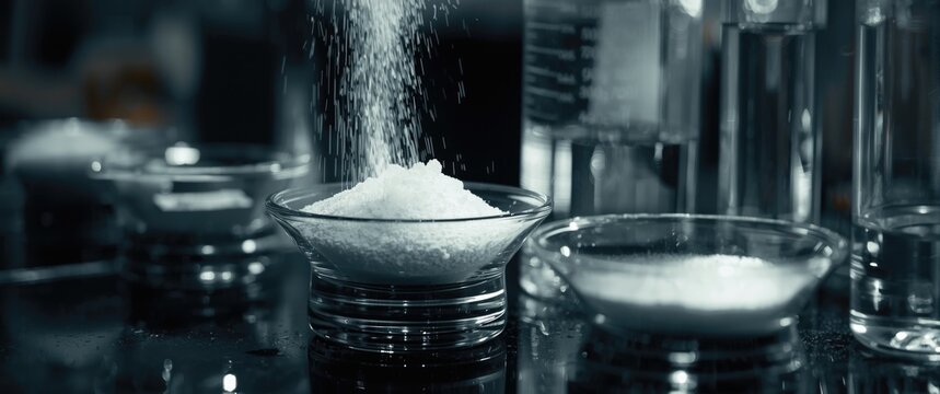 Sodium Hydroxide Powder Being Measured Laboratory Setting, Glassware, Monochrome Tone