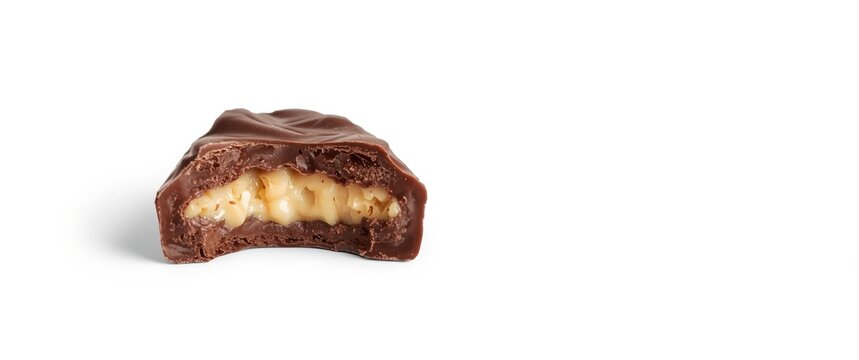 Chocolate Snack with Bite Marks Isolated on White Background, Minimalist Style