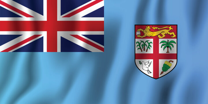 Waving flag of Fiji with national coat of arms on a light blue background