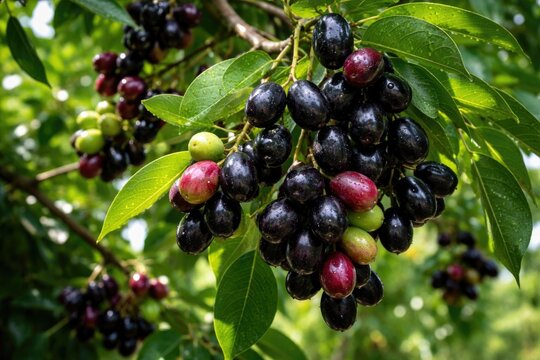 Healthy Syzygium cumini fruits ripening on organic tree with dense foliage