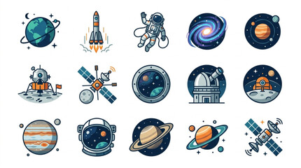 Collection of Space Exploration and Celestial Body Icons. © andi