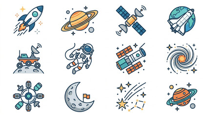 Collection of Space Exploration and Celestial Body Icons. © andi