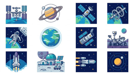 Collection of space exploration and celestial body illustrations. © andi