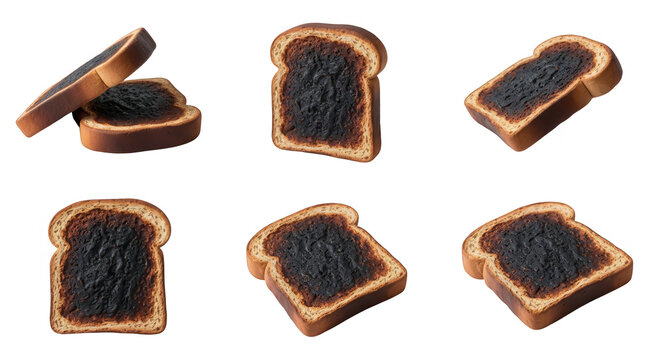 burnt toast slices arranged on white backdrop food photography for concepts of failure mistakes or cooking errors