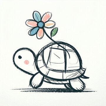 Cute Cartoon Turtle with Flower on Shell in Simple Line Art Style