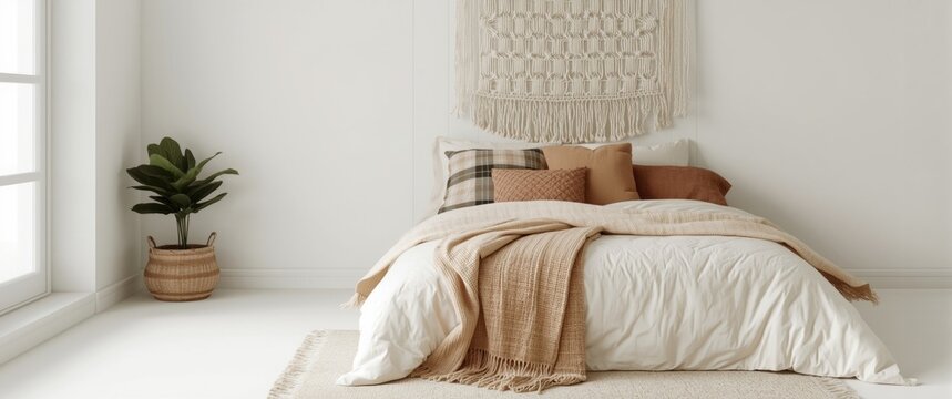 Bohemian inspired white bedroom featuring cozy plaid bedding and assorted cushions