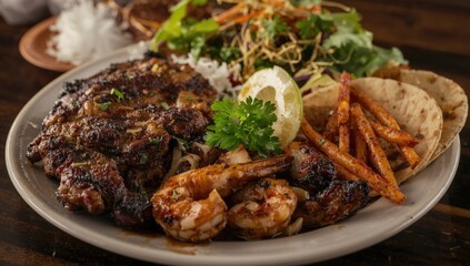 Fototapeta premium Savory Chicken Fajitas and Grilled Shrimp Steak Rustic Table Setting, Colorful Garnish, High Detail