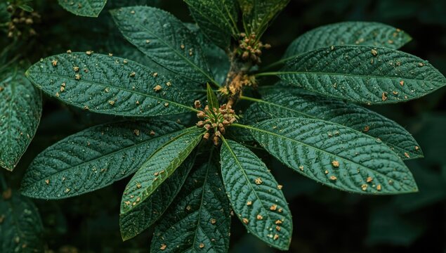 Alstonia scholaris leaves showing rough surfaces due to insect egg clusters