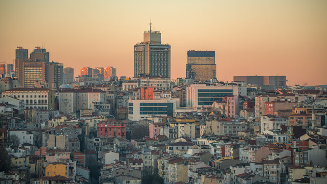 Sunset panorama view seen form Galata Tower with Hagia Sophia Blue Mosque Topkapi and another famous landmark in European or Asian parts of Istanbul Turkey 