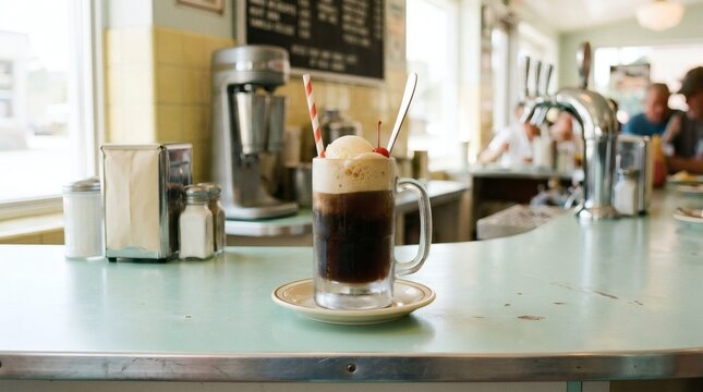 Glass of cold brew coffee with whipped cream on a diner counter perfect for National Black Cow Day