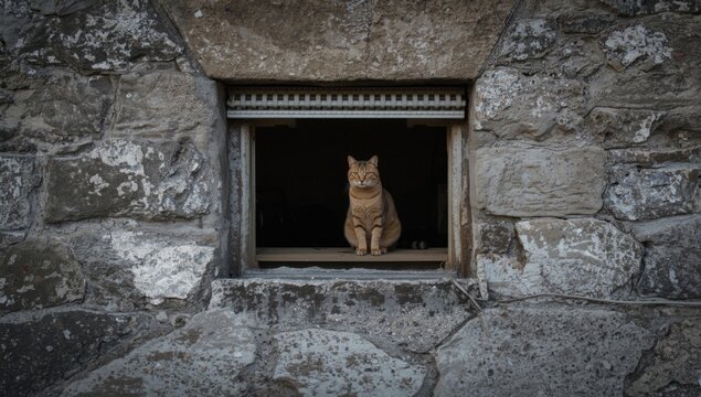 Calm Cat Sitting on Stone Wall Basement Window View, Natural Textures