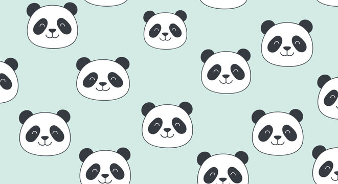 Seamless pattern of cute white panda faces with happy expressions and pink cheeks on a light blue background.