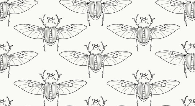 Detailed seamless pattern of black and white beetle illustrations with wings spread open on a light background.