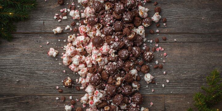 Chocolate and peppermint popcorn mix arranged on weathered wooden board