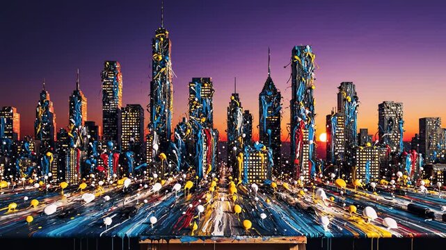 Vibrant, textured cityscape artwork captures the electric energy of a bustling metropolis at dusk with illuminated streets and radiant sky, evoking urban dynamism and artistic expression