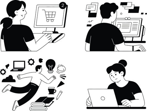 People using computers for online shopping, remote work, creative solutions, and focused digital learning