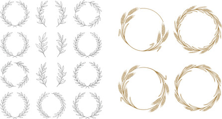 Fototapeta premium Large Collection of Elegant Botanical Laurel Wreaths and Golden Wheat Frames with Delicate Hand Drawn Leaf Sprigs for Luxury Wedding Invitations and Organic Branding