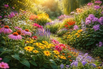 Obraz premium Colorful summer garden bursting with healthy flowers and thriving green leaves