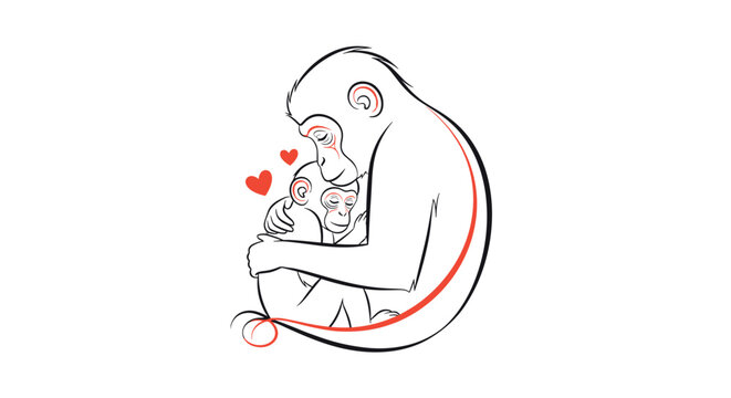 Simple line art drawing of a mother chimpanzee hugging her baby with red heart symbols expressing maternal love and care.