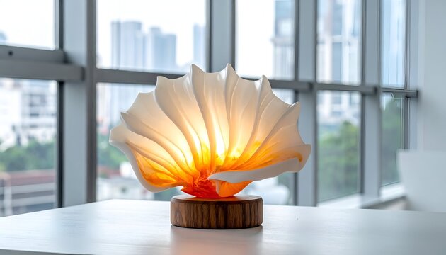 Seashell lamp on white table, city view backdrop, warm light glowing inside