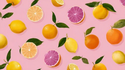 Obraz premium Seamless repeating summer citrus pattern with fresh oranges, lemons, and grapefruits arranged on a soft pink background in a bright playful illustration style for seasonal textile, wallpaper, and deco