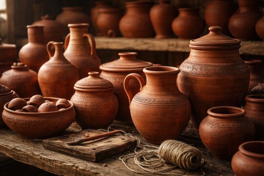 Showcase of red terracotta pottery vessels made from unglazed clay