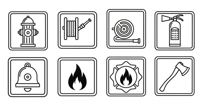 Firefighter Icons Set: A collection of outline icons representing essential firefighting equipment and symbols, including a hydrant, hose, extinguisher, axe, bell, and flames.