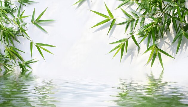 bamboo leaf branch white background rippled water surface background abstract nature scene background concept with sunlight reflections for cosmetics vacations and travel top view