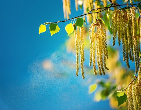 close up of blooming birch tree pollen on blue blurred sky background pharma concept for pollen allergy in spring natural scene with copy space