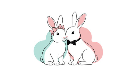 Fototapeta premium Adorable cartoon illustration of two white rabbits dressed as a couple with a pink bow and black bowtie against a soft pastel background.