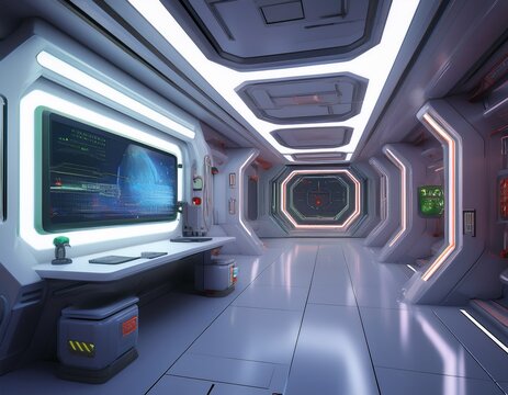 futuristic sci fi hallway interior with computer and monitor screen on wall 3d rendering