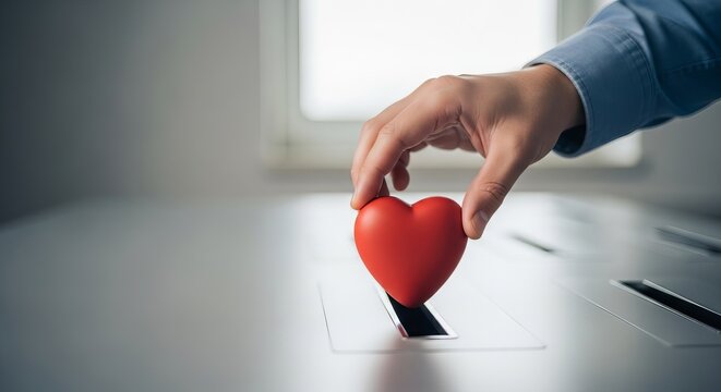A hand gently places a red heart symbol into a donation slot, representing acts of care and charity.