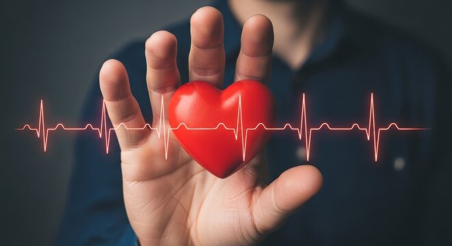 Close up of a hand holding a red heart with a cardiology waveform overlaying, symbolizing health and care.