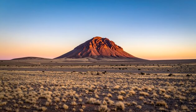 Desert mountain peak at dusk, light on red rock, golden grass plain below