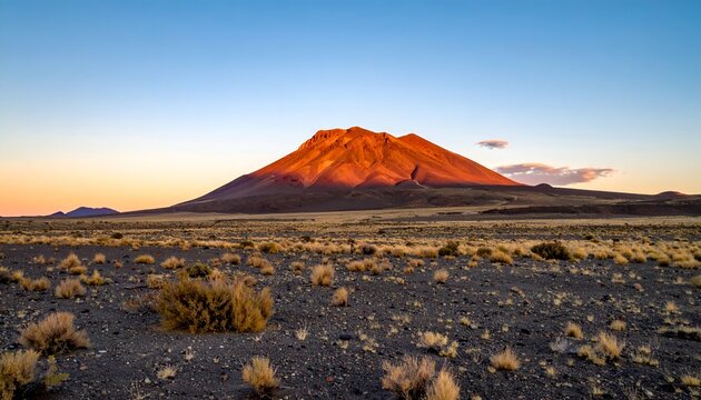 Desert mountain at sunset, dry brush, golden light