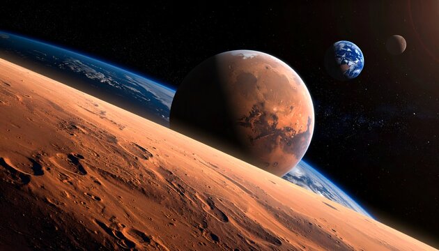 Mars landscape view of Mars, Earth, Moon in space