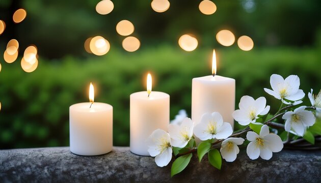 white flowering branch and 3 white candle lights outside in a garden floral concept with burning candles decoration for contemplative athmosphere background