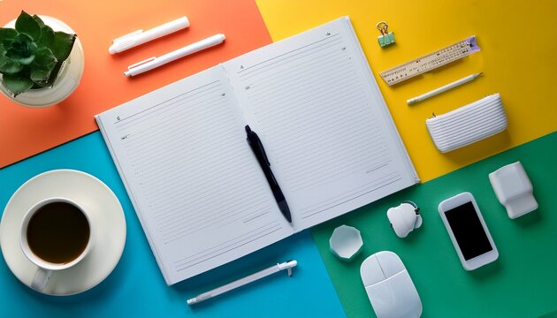 well organised white office objects on colorful background