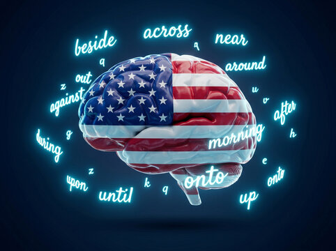 English learning american pronunciation foreign language fluency conversation human brain letters prepositions grammar accent 3d render studying usa online school course expression listening speaking