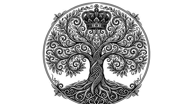 Intricate tree of life with royal crown illustration circular design black and white engraving