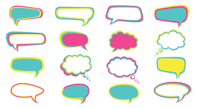 Vibrant collection of layered speech bubbles with colorful outlines in pink, teal, and yellow for digital messages.