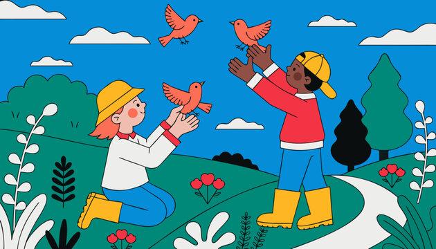 Very beautiful children releasing rescued birds in a peaceful countryside meadow, highlighting wildlife protection, compassion, environmental education, and harmony between people and nature under bri