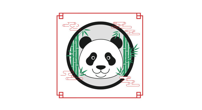 Cute panda face illustration centered in a circular frame with green bamboo stalks and traditional Chinese patterns.