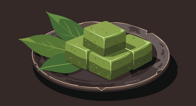 Delicious matcha green tea flavored mochi cubes served on a rustic plate with green leaves on dark backdrop.