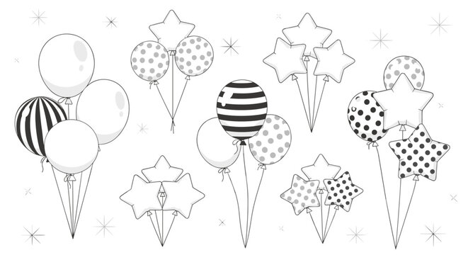 Collection of monochrome festive balloons featuring stars stripes and polka dots for celebratory illustrations.