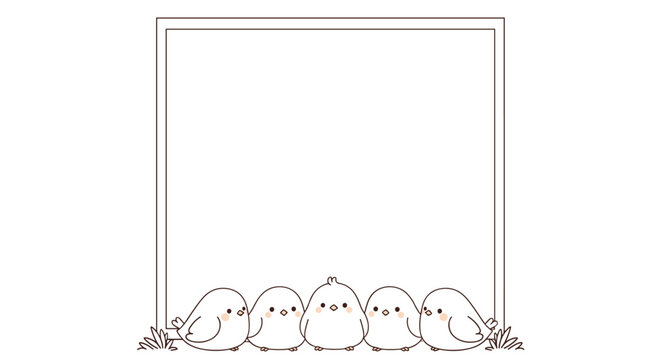Square decorative frame with five adorable little birds sitting together at the bottom on green grass.
