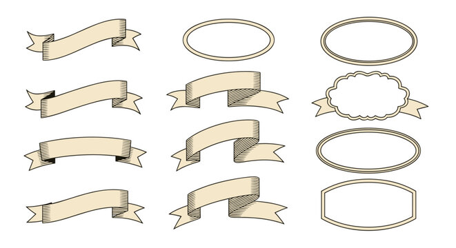 Set of vintage style ribbon banners and oval frames with a classic etched appearance for old fashioned designs.
