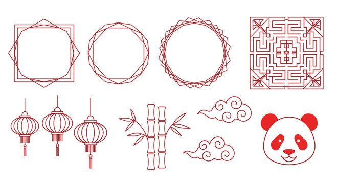 Assorted red line art icons for chinese new year including lanterns, bamboo, clouds, geometric frames, and a cute panda head mascot.