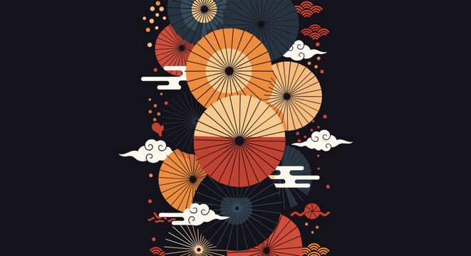 Colorful Japanese themed illustration featuring traditional wagasa umbrellas, stylized clouds, and dots on a dark blue-black background.