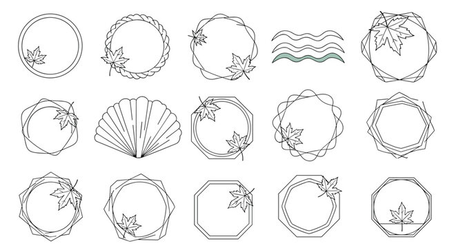 Set of delicate line art frames in various geometric shapes decorated with single autumn maple leaves for a minimalist seasonal look.